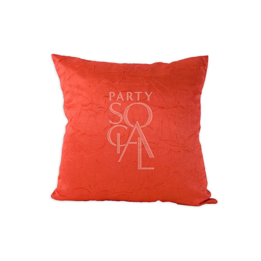 CUSHION CRINKLED DESIGN: A stylish red pillow featuring white text, perfect for adding a touch of elegance to any party or event decor.