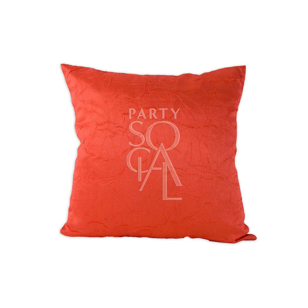 CUSHION CRINKLED DESIGN: A stylish red pillow featuring white text, perfect for adding a touch of elegance to any party or event decor.