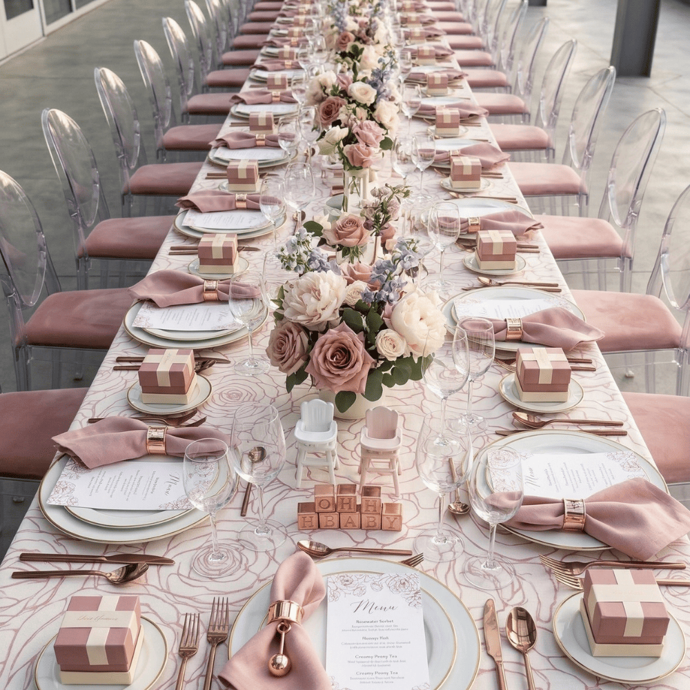 PINK FLORAL RECTANGULAR TABLECLOTH elegantly drapes a banquet table, adorned with rose outlines, enhancing a pastel-pink baby shower setup with matching decor.