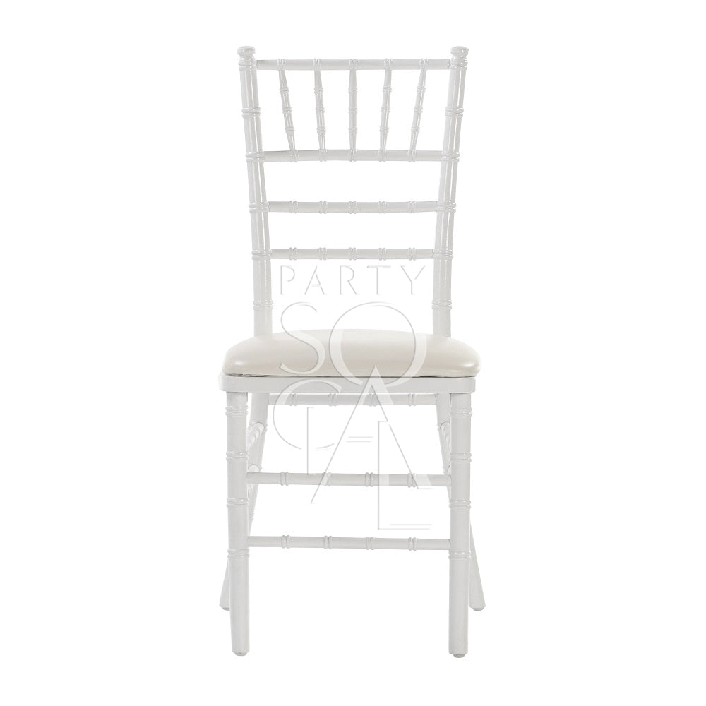 Chiavari Chair White with cushion, elegant and versatile, ideal for weddings and corporate events. Perfect for rental or sale at Party Social.