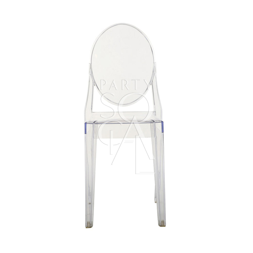 GHOST CHAIR W/O ARMS (VICTORIA) is a transparent plastic chair with blue legs, ideal for weddings and events.