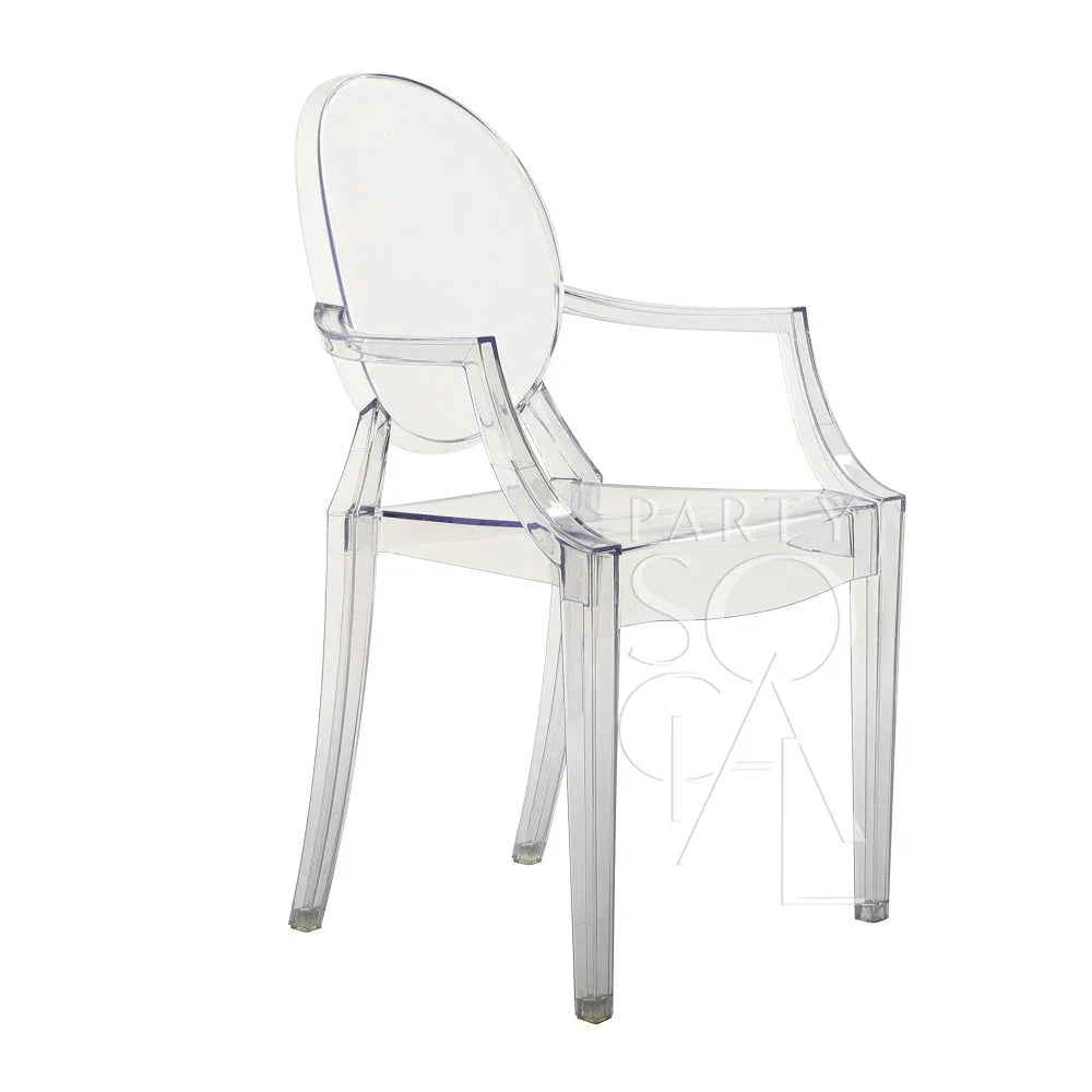 GHOST CHAIR WITH ARMS (LOUIS): A clear plastic chair with armrests, ideal for modern and formal event decor, available from Party Social.