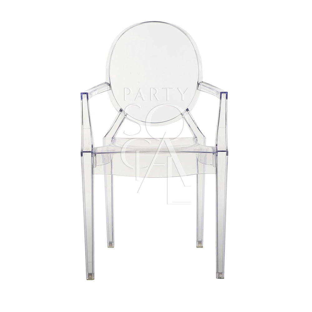 GHOST CHAIR WITH ARMS (LOUIS) made of transparent polycarbonate, perfect for modern or formal event settings, available at Party Social.
