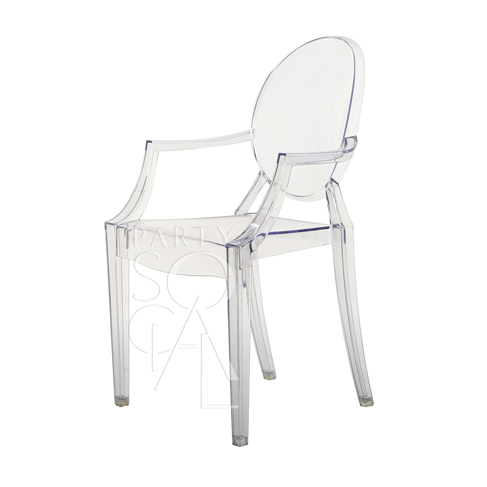 GHOST CHAIR WITH ARMS (LOUIS) - A clear polycarbonate chair with a round back, ideal for modern and formal events, available for rental or purchase at Party Social.