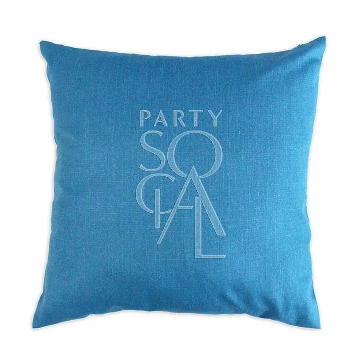 CUSHION COVER LINEN BLEND: Blue linen blend cushion cover featuring an embroidered logo, ideal for event decor and enhancing party settings.