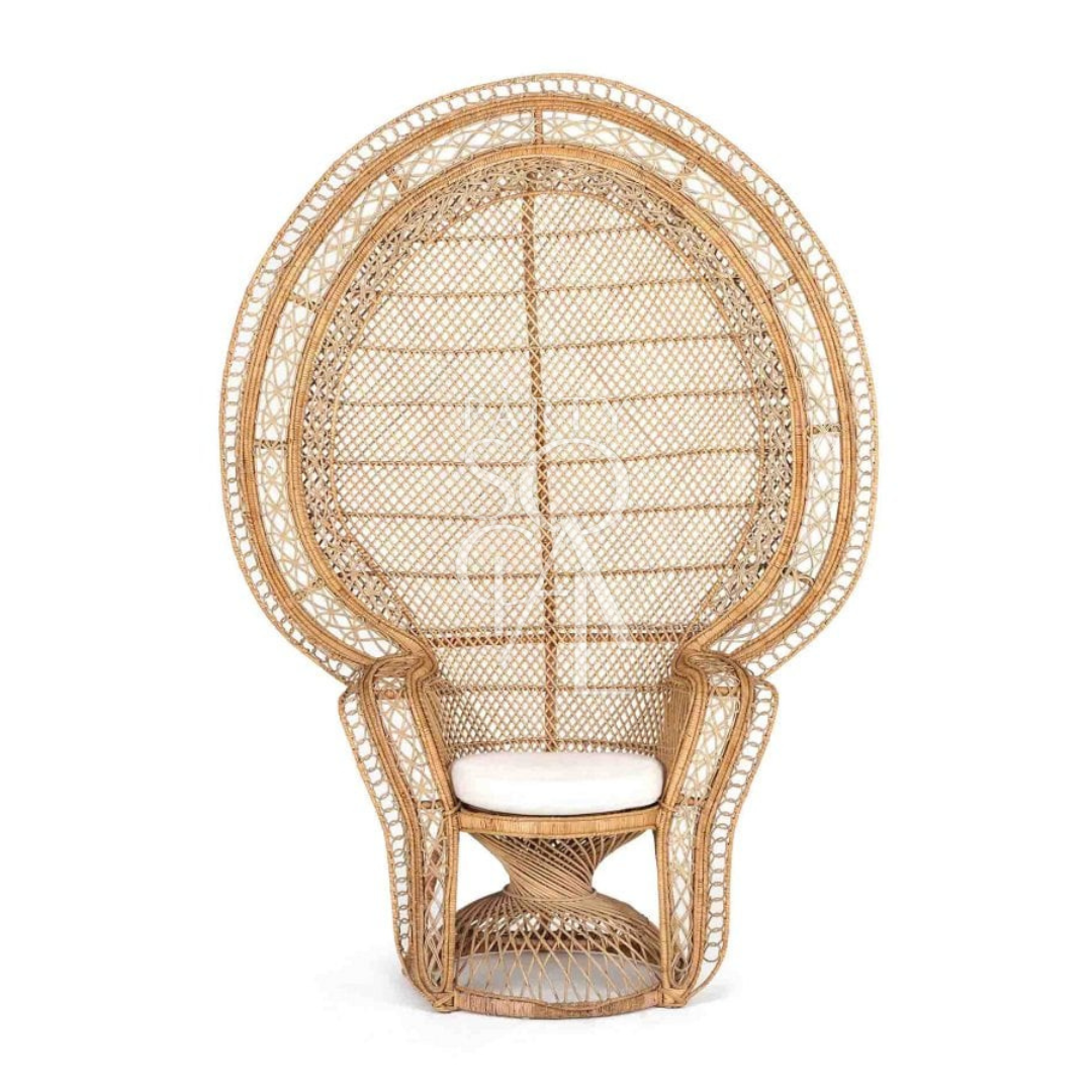 Peacock Chair: Wicker chair with white cushion, crafted from cane material, ideal for weddings and outdoor functions, offering a vintage aesthetic.