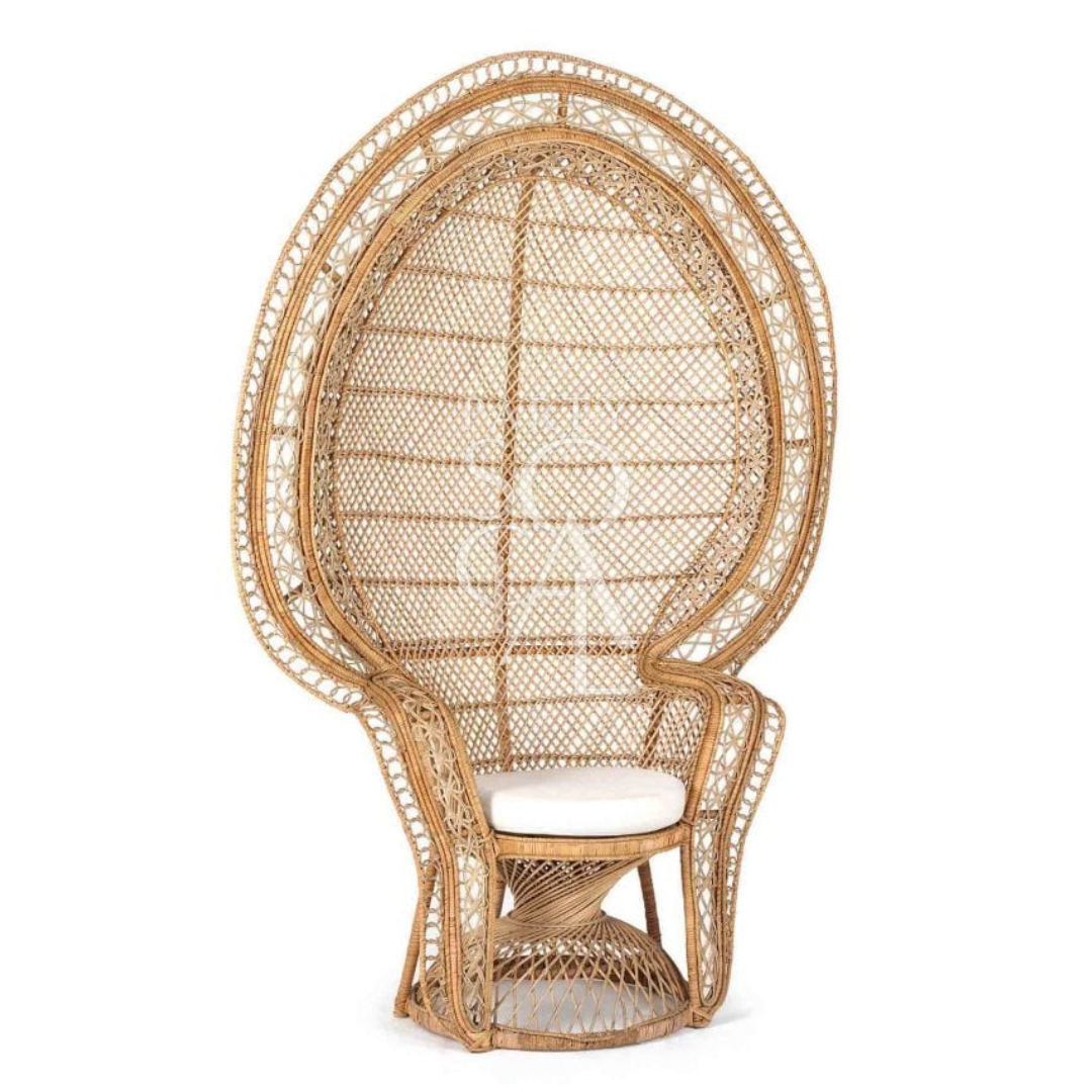 Peacock Chair: A wicker cane chair with a vintage feel, ideal for weddings and outdoor events, featuring a distinctive peacock shape and cushioned seat.