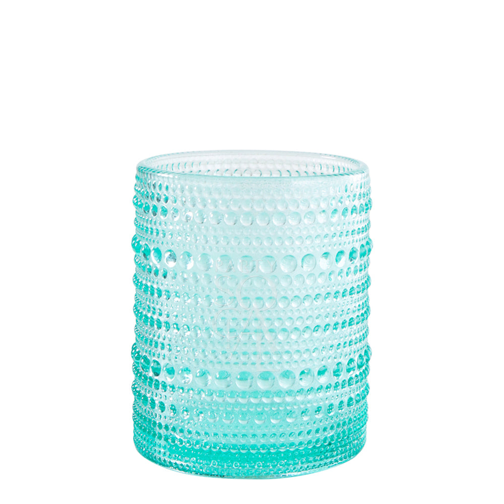 Vintage Pearl Glasses: Close-up of a blue glass with dotted design, perfect for adding elegance to modern or casual table settings at events or dinner parties.