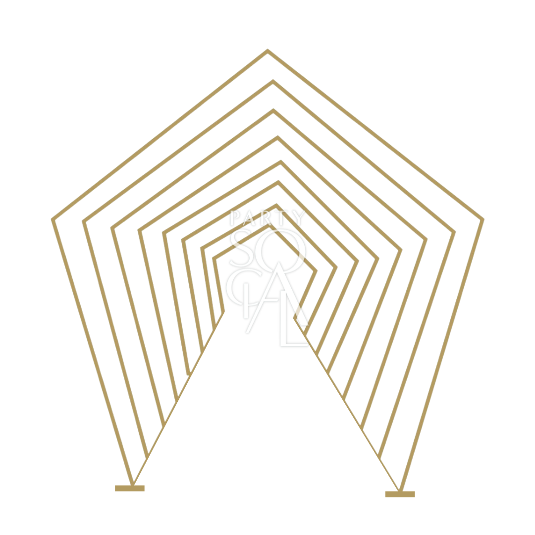 Pentagon Tunnel with Color Changing LED: Gold line art of a hexagon structure, ideal for illuminating party entrances with vibrant, dynamic lighting effects.