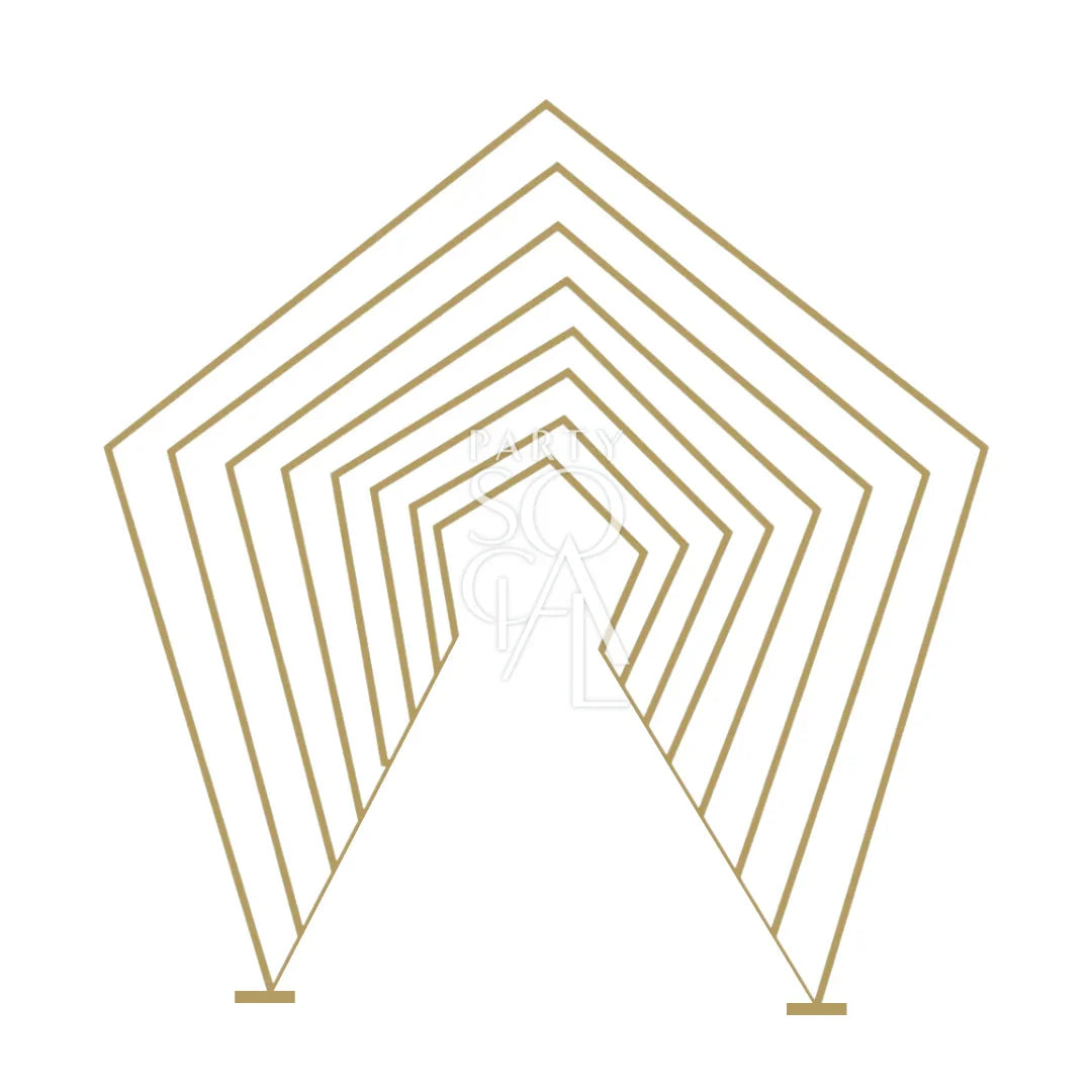 Pentagon Tunnel with Color Changing LED: Gold line art of a hexagon structure, ideal for illuminating party entrances with vibrant, dynamic lighting effects.