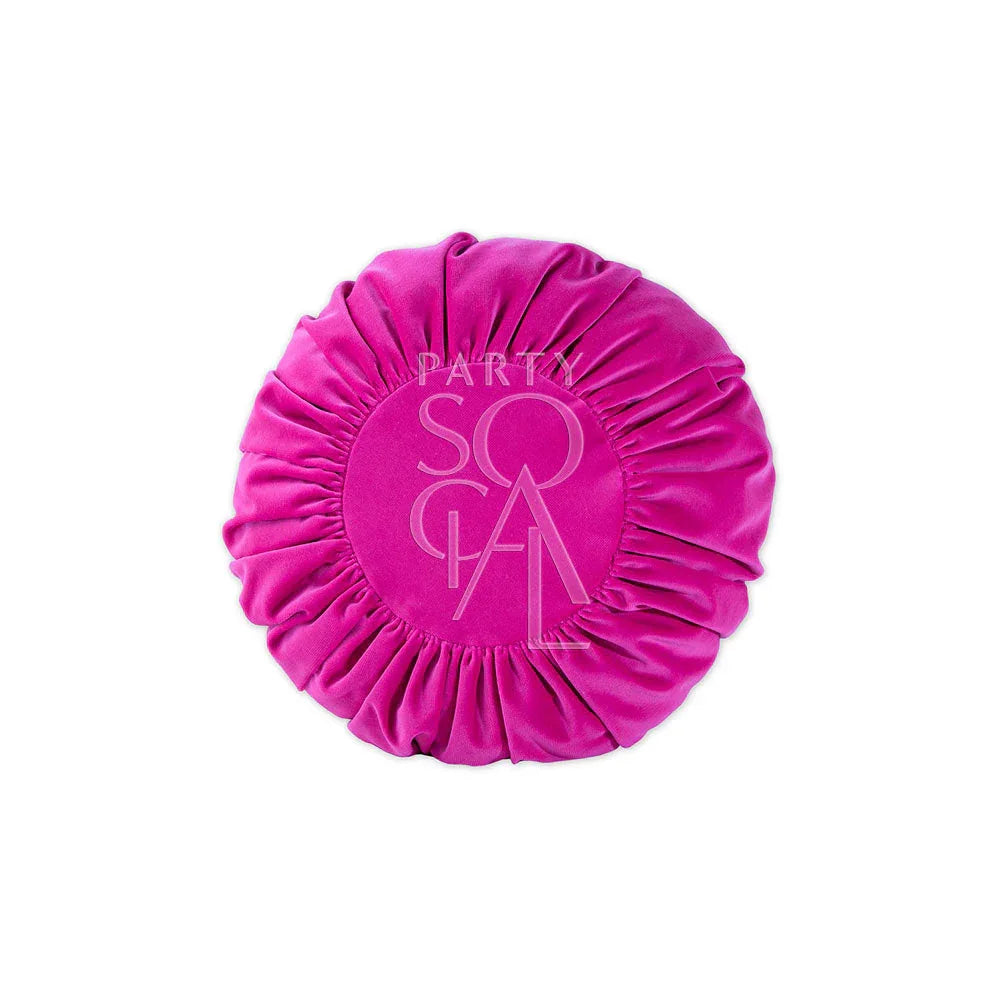 CUSHION COVER ROUND VELVET: A pleated, textured velvet cushion with ruffled edges, ideal for adding a luxurious touch to any event setting.