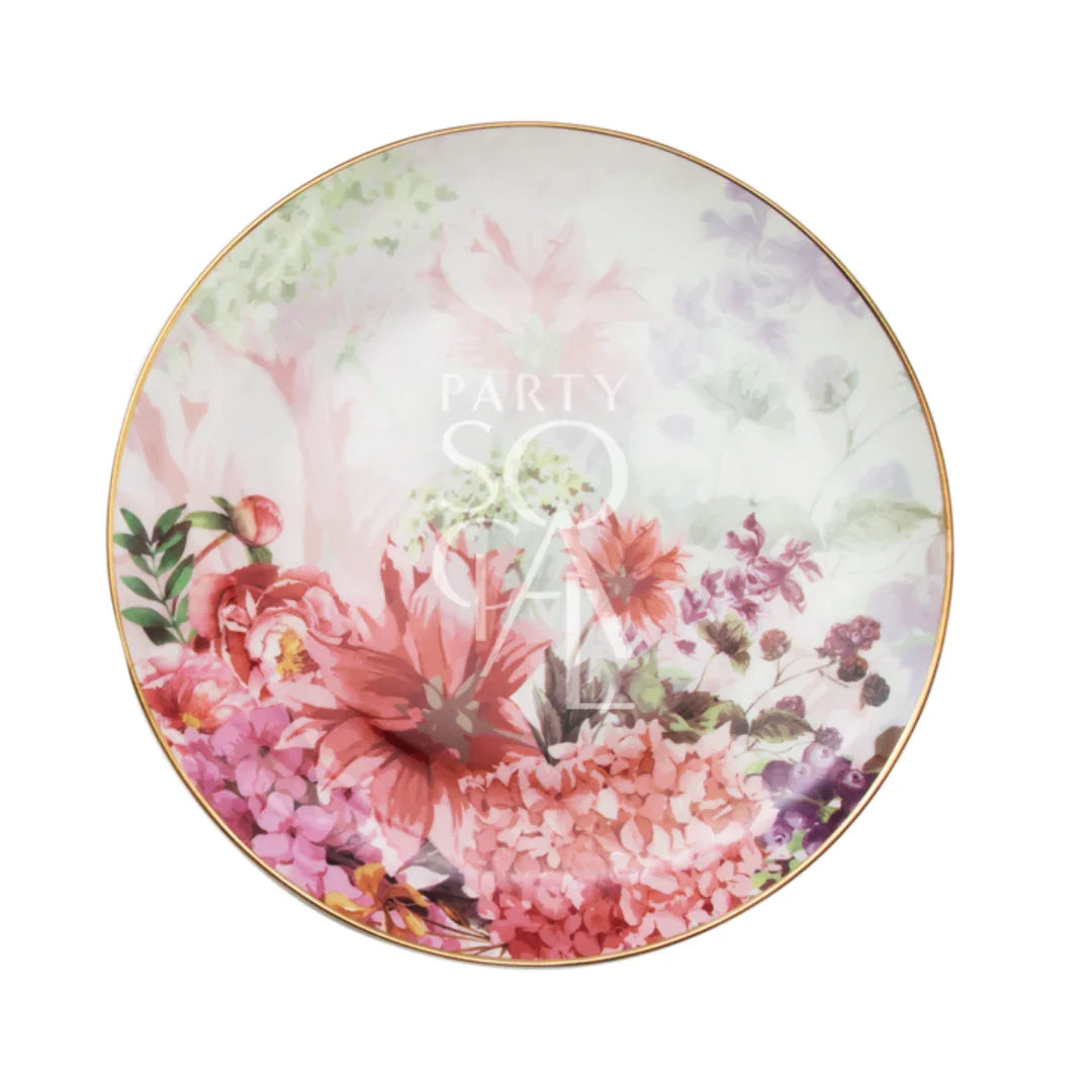 Pink Peonies Plates with floral design on porcelain, ideal for elegant events. Available in dinner, dessert, and B&B sizes. Perfect for enhancing any table setting.