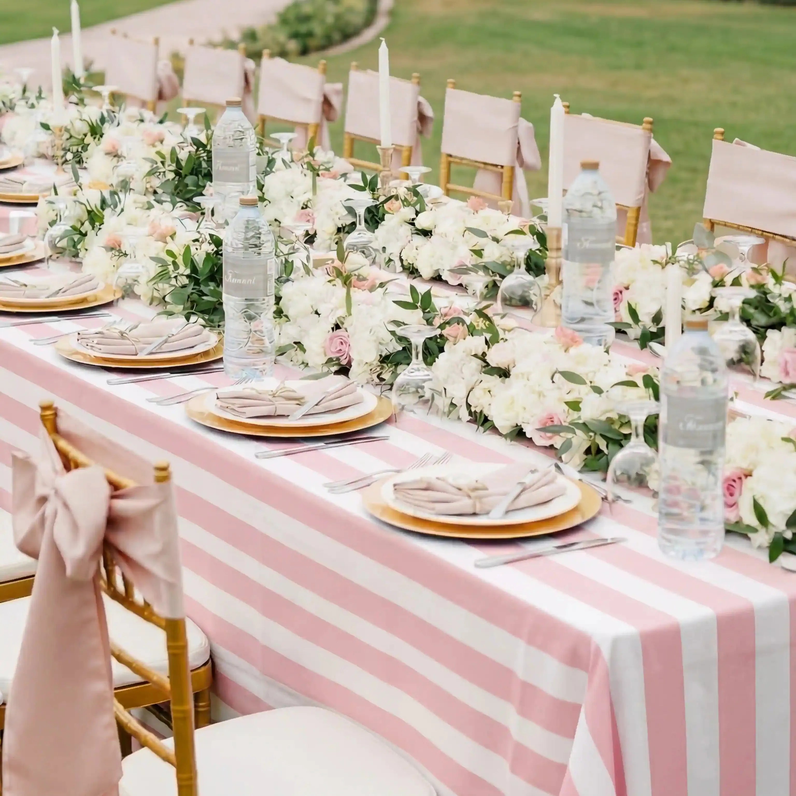 Elegant outdoor wedding reception table with pink and white striped tablecloth, floral arrangements, and gold chargers.