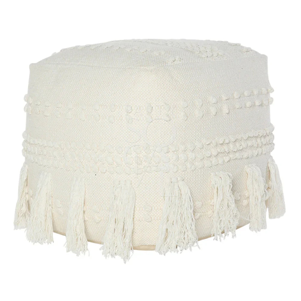 FABRIC & JUTE POUFS, a white pouf with tassels, ideal for decorative or functional use in party settings.
