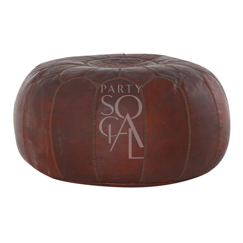 Moroccan Leather Poufs: Brown leather pouf with detailed stitching, versatile for use as seating or a decorative element, enhancing any event or living space.