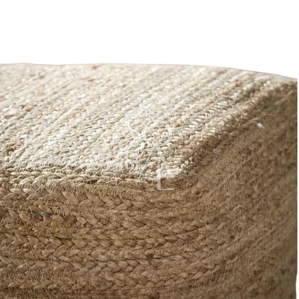 Close-up of a woven Fabric & Jute Pouf, showcasing intricate craftsmanship, ideal for use as a seat, table, or stylish decor piece.