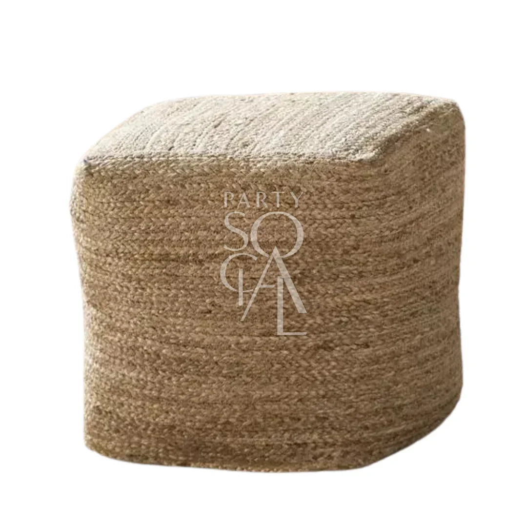 FABRIC & JUTE POUFS: Cube-shaped jute ottoman, versatile for use as a pouf, small table, or decorative element, reflecting elegant, lightweight design.