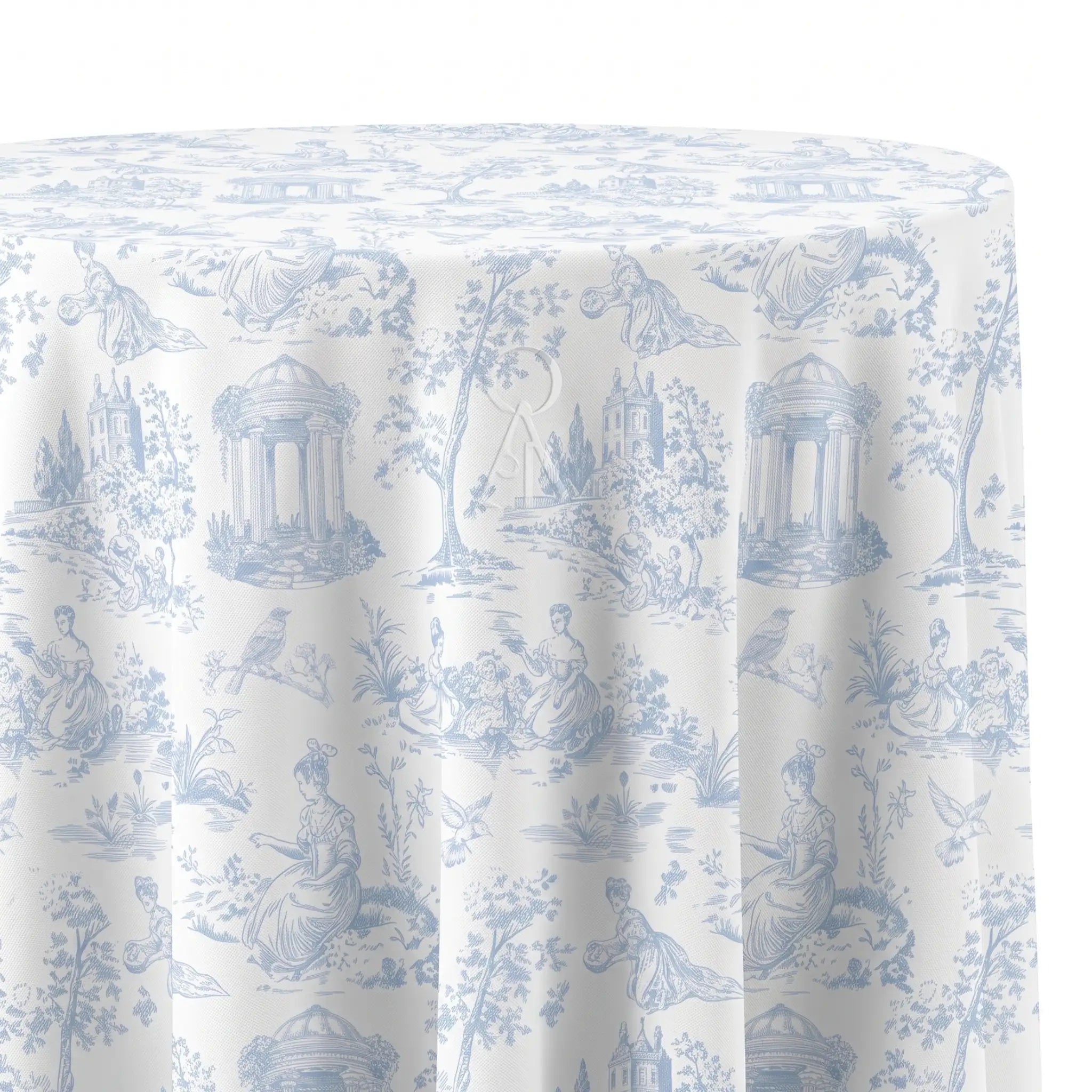 A round tablecloth with a classic blue and white toile de Jouy pattern featuring classical figures, trees, and architectural details, shown draped over a table against a white background.