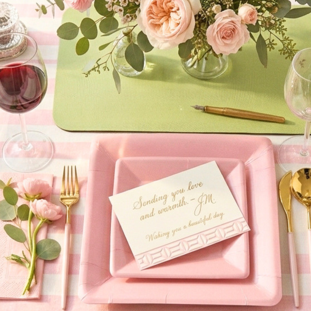 Dining table setting with pink plates, gold cutlery, and a card on a green placemat.