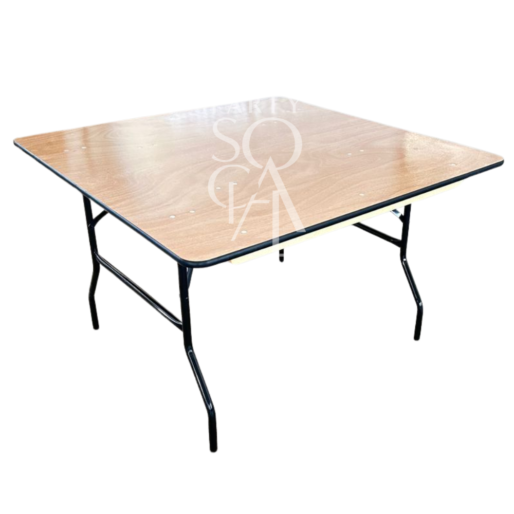 Square banquet table with wood-grain top and black metal legs, ideal for enhancing events with a modern touch, offered by Party Social for versatile gatherings.