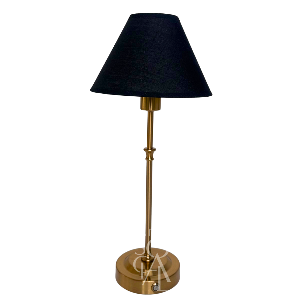 Black with Gold Base Wireless Lamp, designed for events, featuring a sleek black shade and elegant gold pole, perfect for adding style and functionality to party settings.