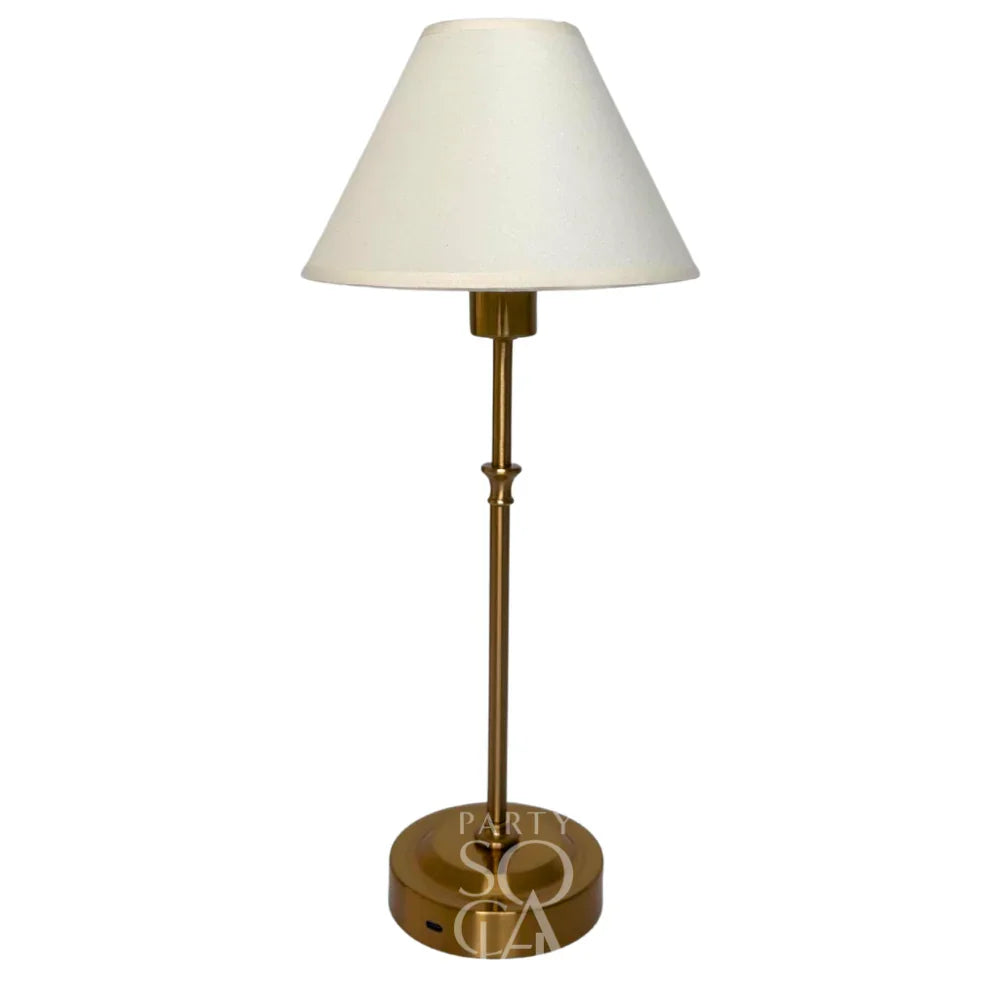 Off White with Gold Base Wireless Lamp featuring a sleek design and white shade, ideal for enhancing party or event settings with elegant illumination.