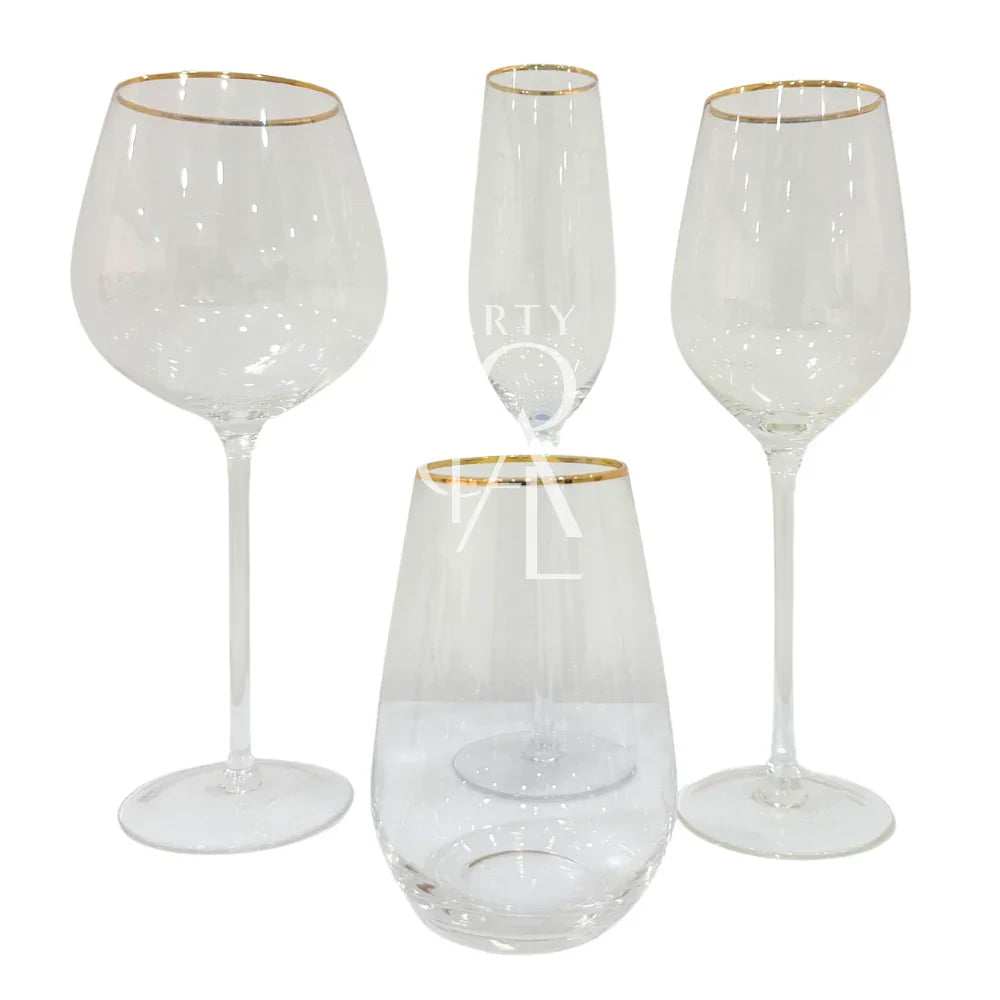Golden Edge Glasses, a set of elegant wine glasses with a gold rim, perfect for enhancing the sophistication of any event or celebration.