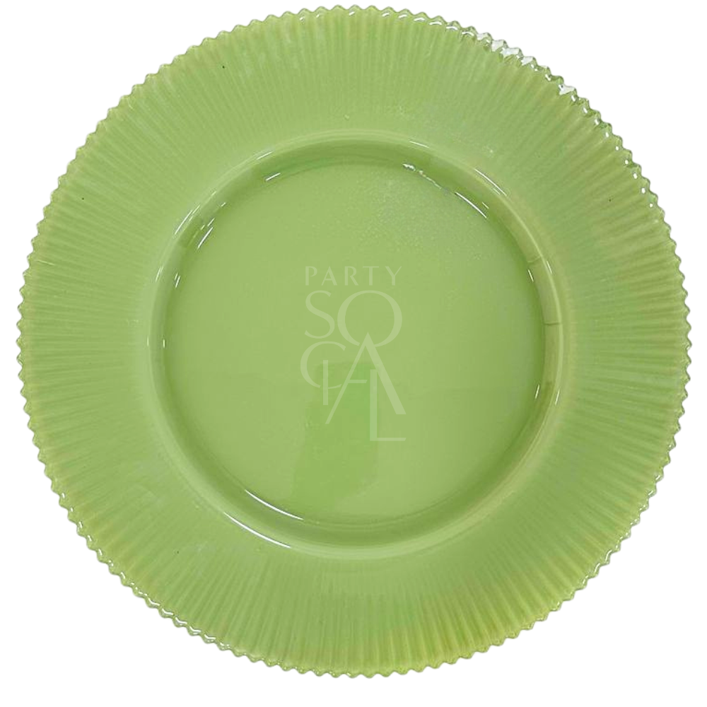 CHARGER PLATE - SAGE LINED: Elegant green ceramic plate with a scalloped edge, ideal for enhancing table settings at parties and events. 33cm diameter.