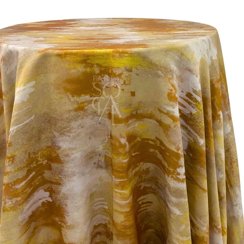 YELLOW BRUSHED ELEGANCE ROUND TABLECLOTH, featuring a modern pattern, perfect for adding sophistication to any event setting.