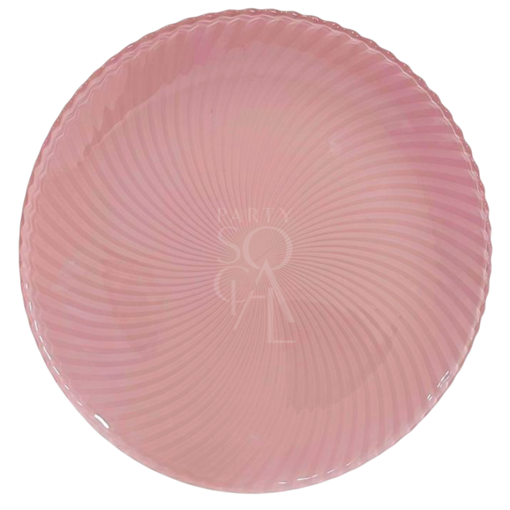 Pink Curve Lined glass charger plate, 30.5cm in diameter, offering an elegant touch to table settings for parties and special events.