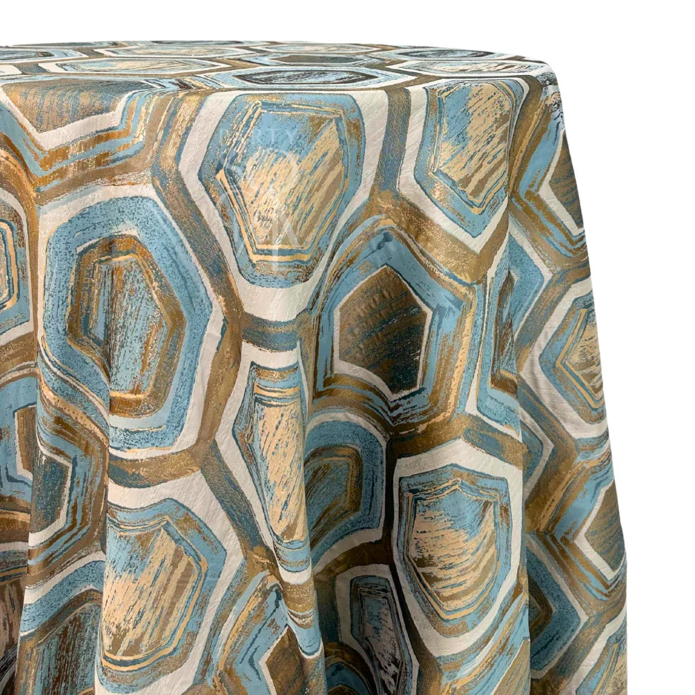 Round tablecloth featuring a luxurious blue and gold geometric pattern, perfect for enhancing the elegance of any event décor. Ideal for parties and special occasions.