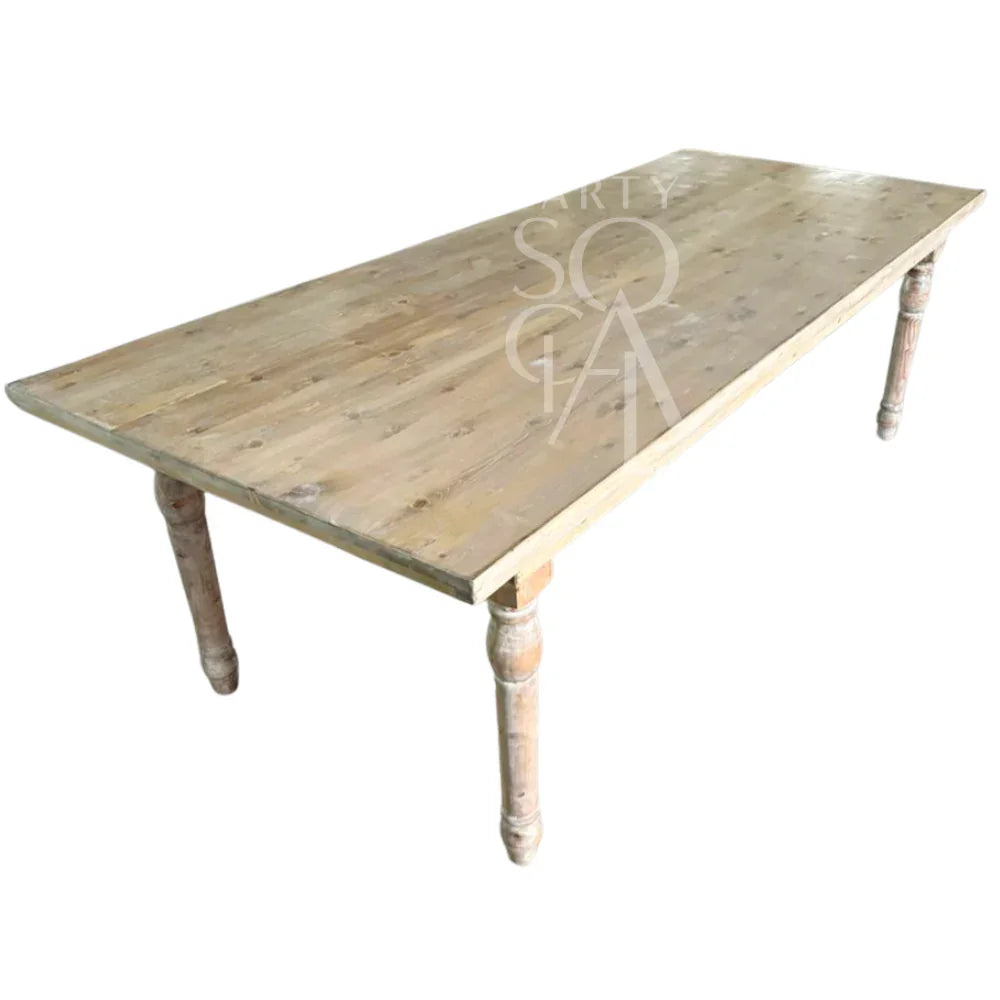 Classic Wood Dining Table with a rustic farmhouse design, featuring a light-stained plank top and turned legs; perfect for events or home dining.