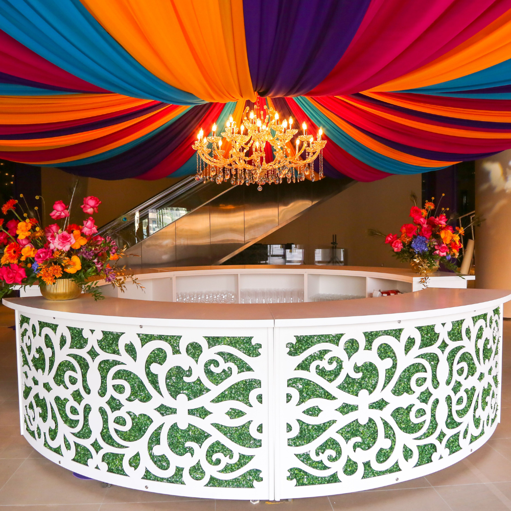 Arabesque Bar Unit showcased in an elegant setting with floral decor, ideal for versatile events, measuring 200cm L x 60cm W x 100cm H.