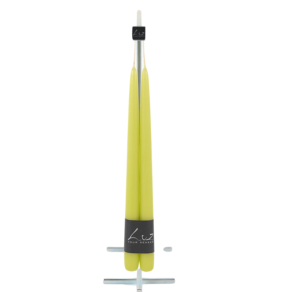 Tapered Smokeless Candles, 40cm, featuring a yellow candle holder with a black label, ideal for creating a warm ambiance in any party setting.