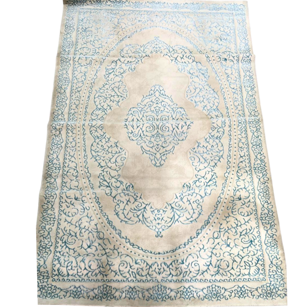 RUG TURQUOISE SWIRL: Elegant area rug with scrolling floral pattern and central medallion, perfect for adding sophistication to events.