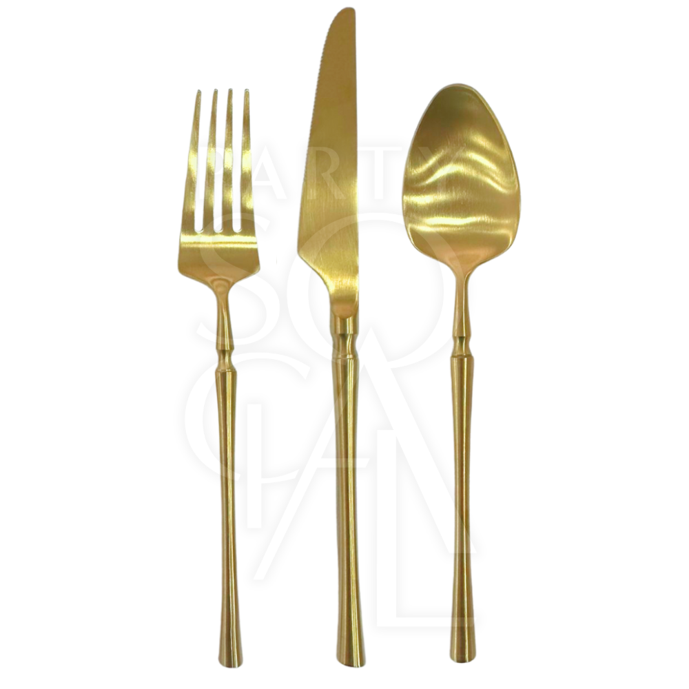Close-up of CUTLERY LUXE GOLD, showcasing a sleek golden fork and spoon, perfect for adding elegance to any event table setting.