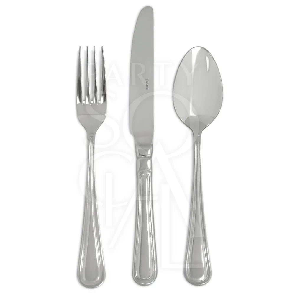 CUTLERY SIMPLE SILVER: A close-up of a classic, durable silver fork from a versatile flatware set, ideal for enhancing any table setting at various events.