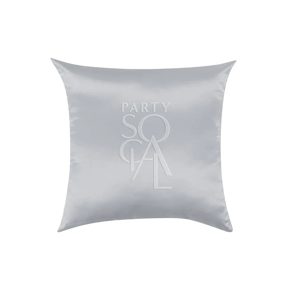 CUSHION COVER SATIN: White throw pillow with logo, crafted from premium satin fabric, available in multiple sizes, ideal for enhancing event decor.