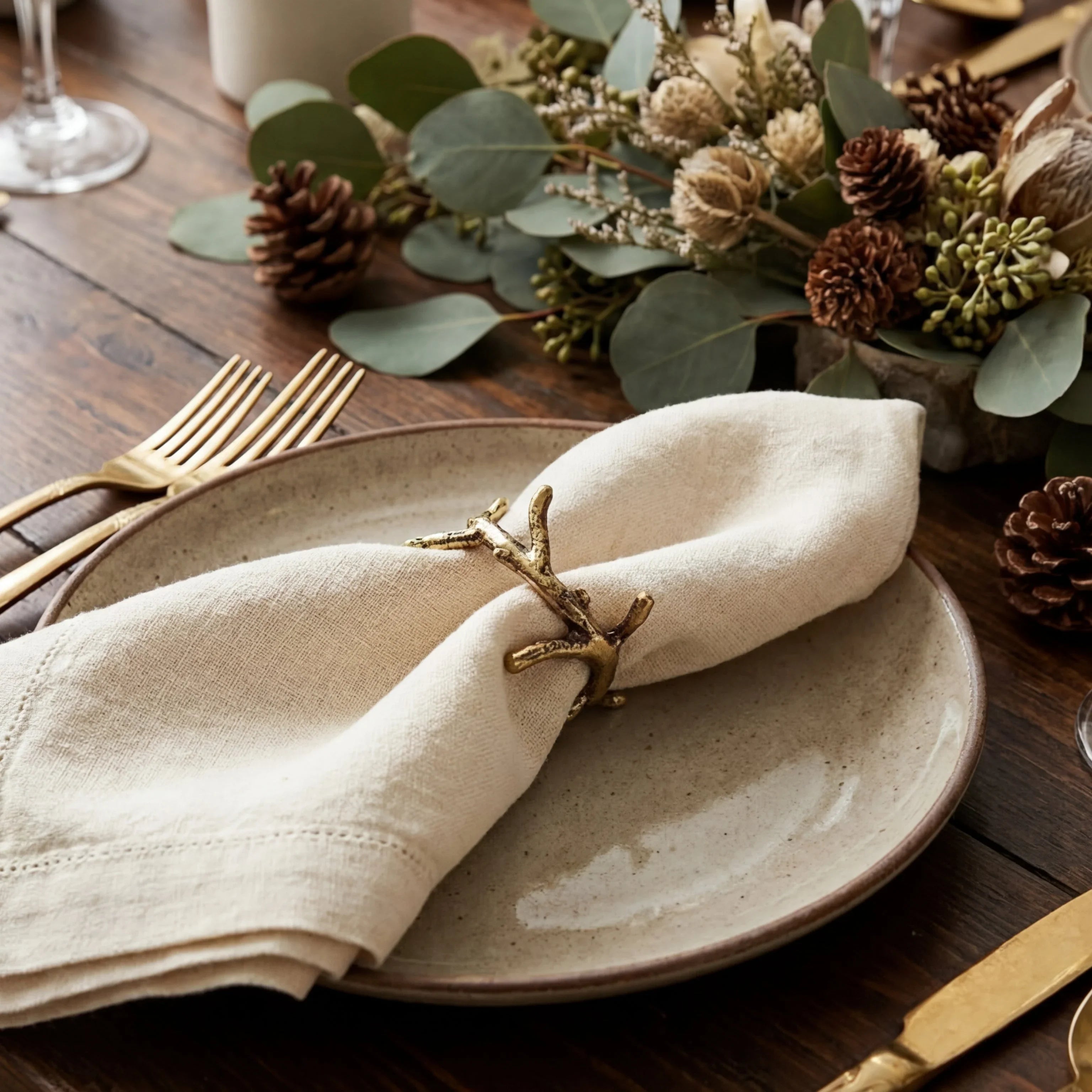 Brass Swirl Napkin Ring on a rustic table setting with speckled ceramic plate, linen napkin, and gold-plated cutlery, complemented by autumnal greenery.