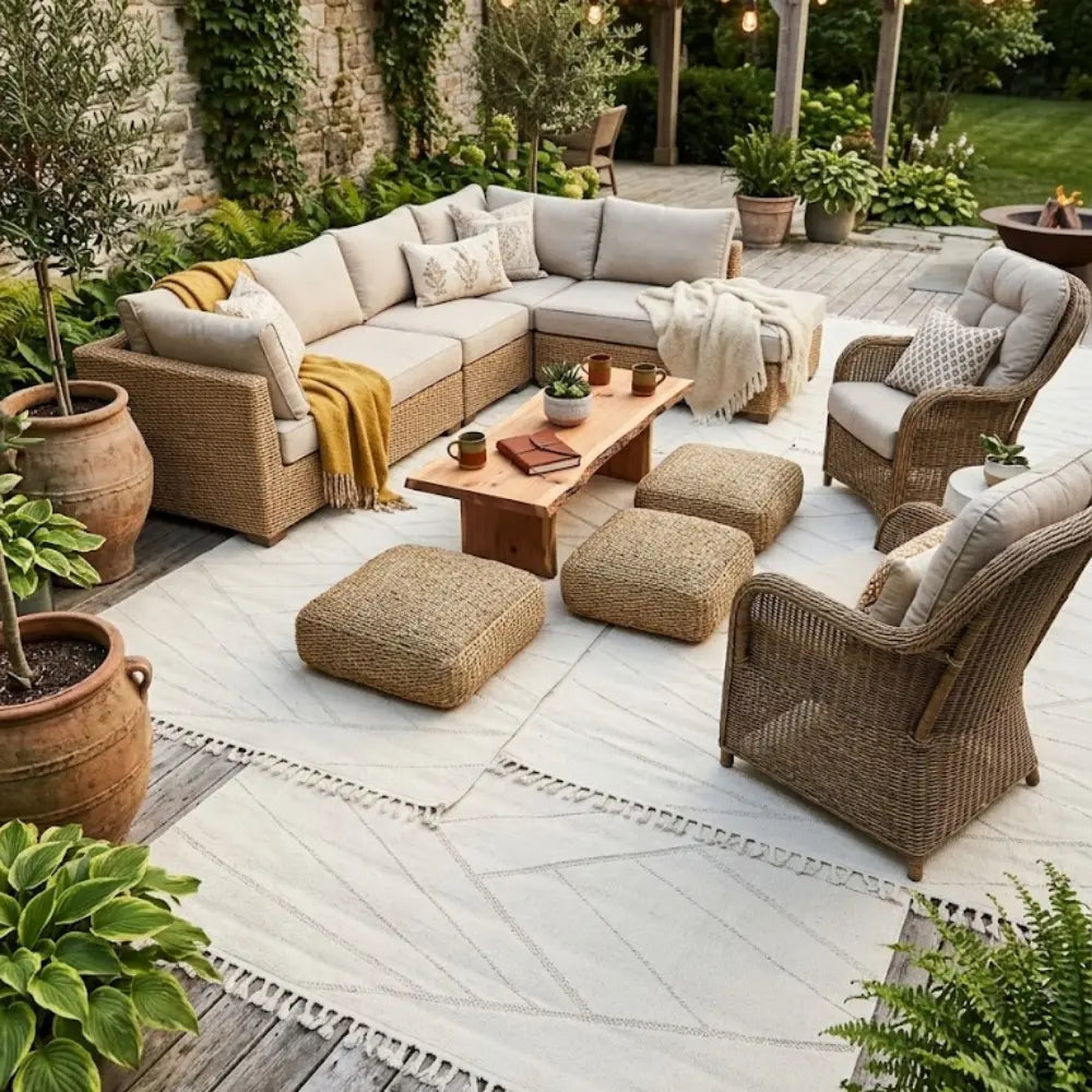 Outdoor patio with RUG ABSTRACT NATURAL WOVEN, featuring subtle geometric patterns, complementing wicker furniture and greenery, perfect for enhancing event spaces with natural elegance.