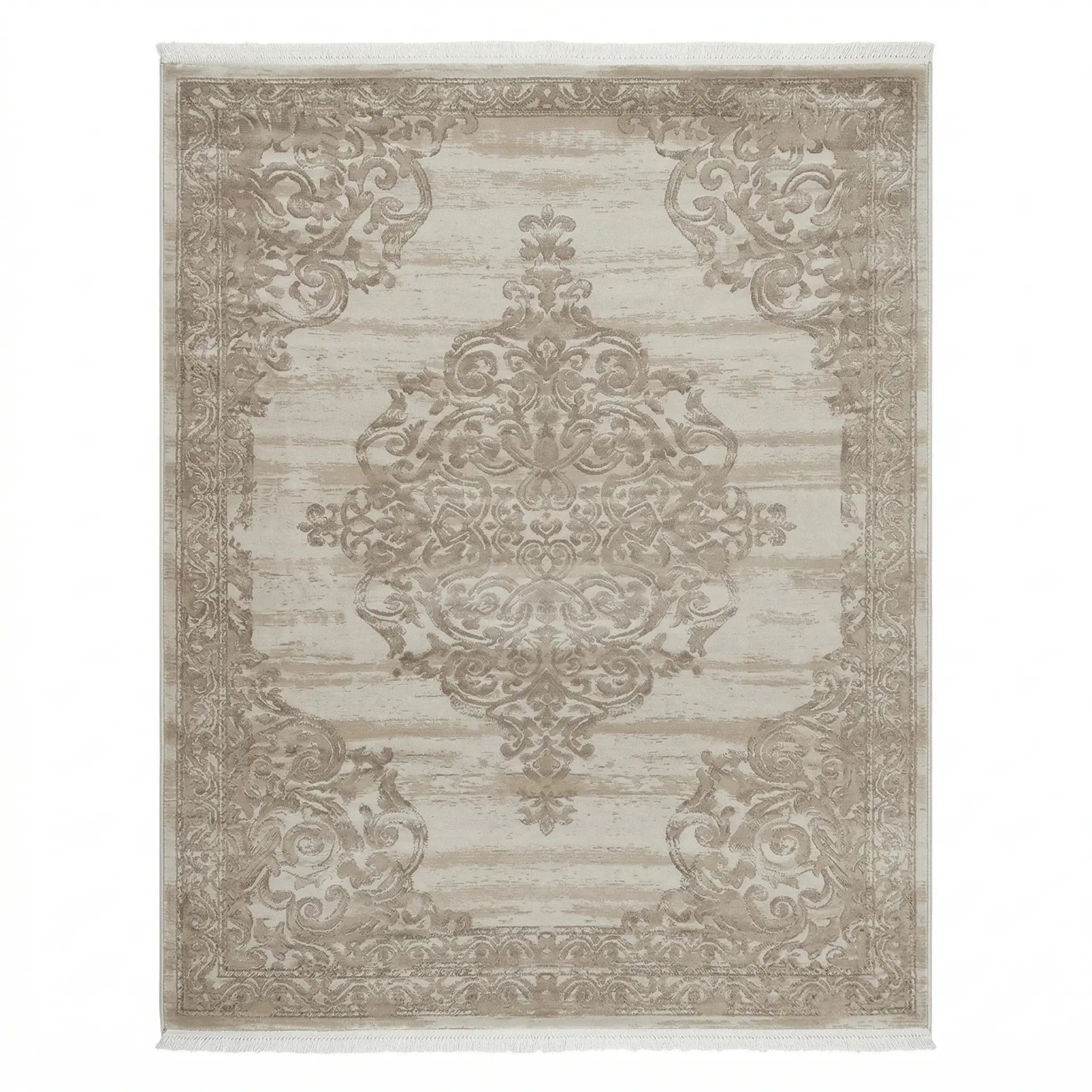 RUG CLASSIC: Ornate beige decorative area rug with scroll-and-medallion pattern and fringed edges, perfect for enhancing event settings with elegance.