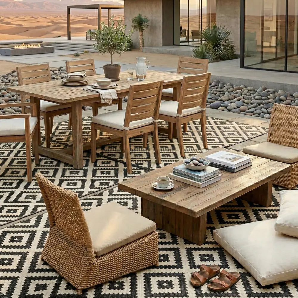 RUG DIAMOND PRINT anchoring an outdoor patio with rustic seating and dining setup, ideal for party events, featuring earthy tones and desert-inspired decor.