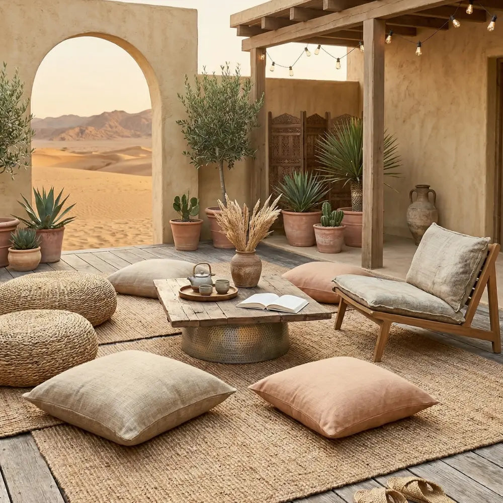 RUG NATURAL JUTE set on a woven mat in a desert-themed lounge, surrounded by floor pillows and poufs, enhancing event settings with its textured elegance.