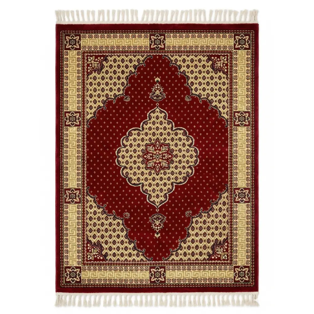 Rug Oriental Red with a deep red field, intricate gold-and-cream medallion, diamond motifs, and cream fringe, ideal for enriching event settings.