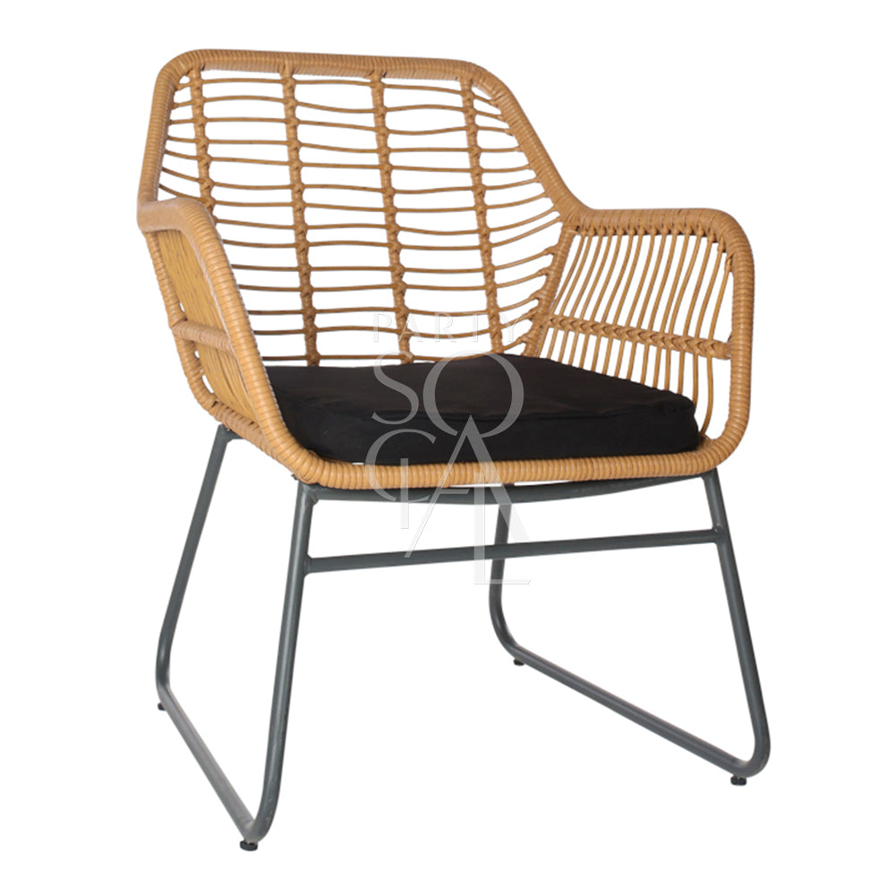 RATTAN SINGLE SEATER: A rattan garden lounge chair with a black cushion, ideal for outdoor chill-out spaces, featuring a weatherproof poly rattan and steel frame.