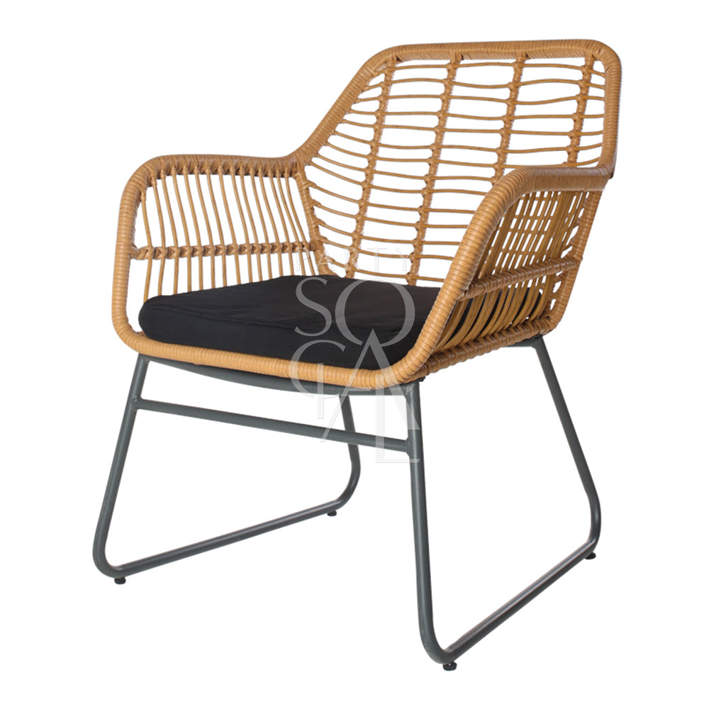 RATTAN SINGLE SEATER: Wicker lounge chair with black cushion, ideal for outdoor relaxation. Features weatherproof poly rattan and steel frame from Party Social.