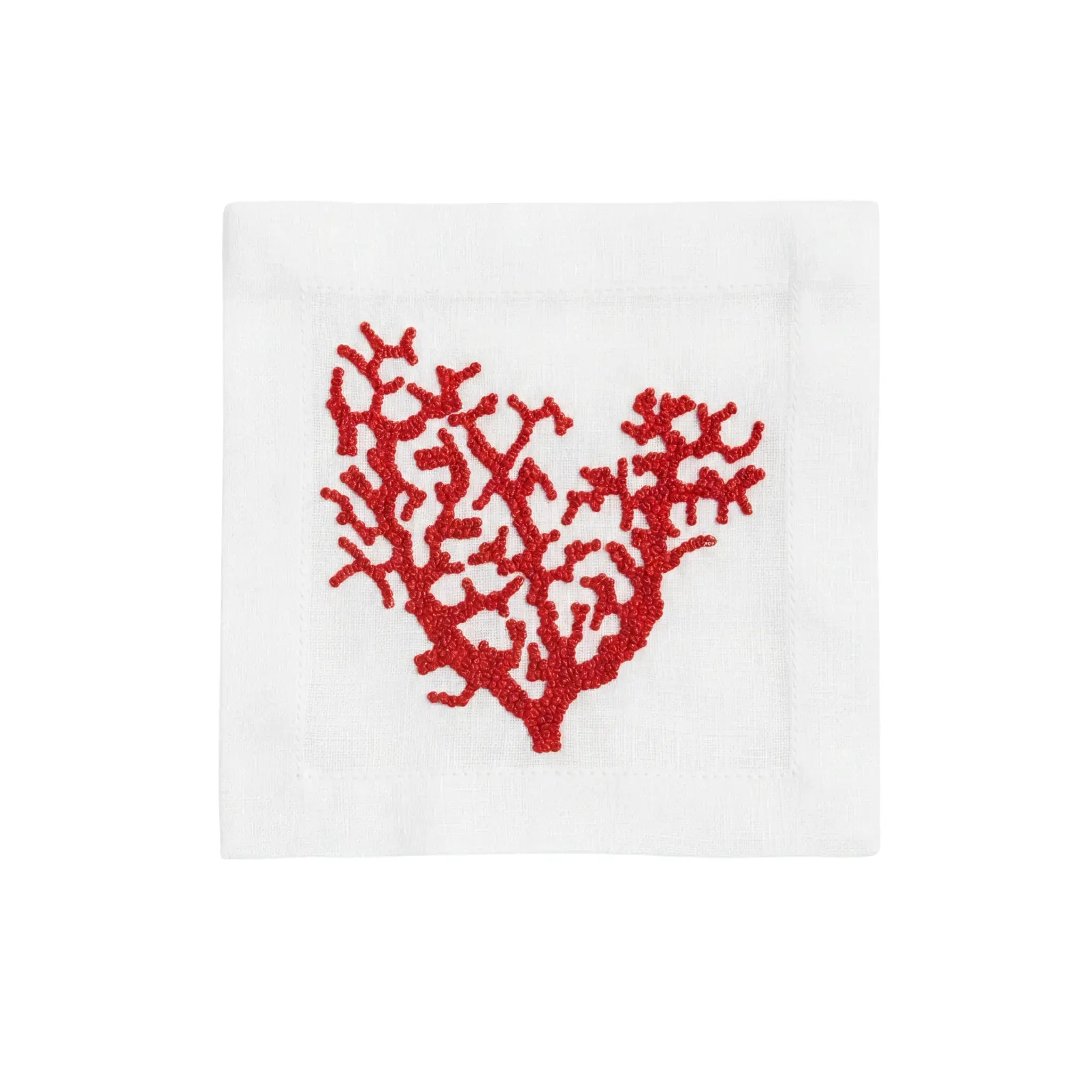 Red Coral Pure Linen Coaster - A white placemat with elegant red embroidery.