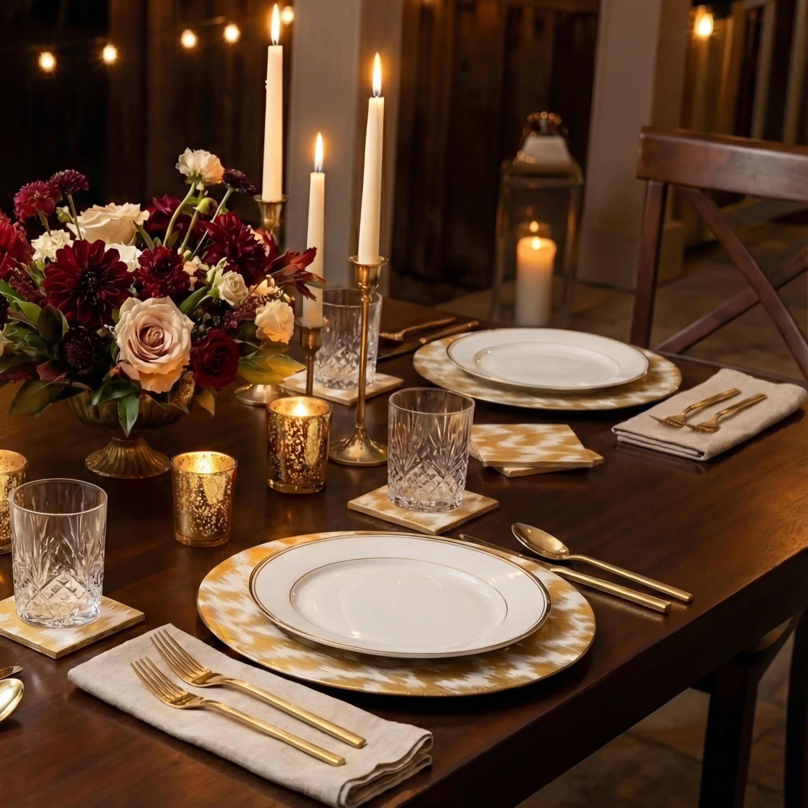 Modern Moiré Gift Set on an elegantly set table, featuring gold-and-white placemats, matching coasters, gold flatware, and crystal glassware, ideal for Ramadan gatherings.