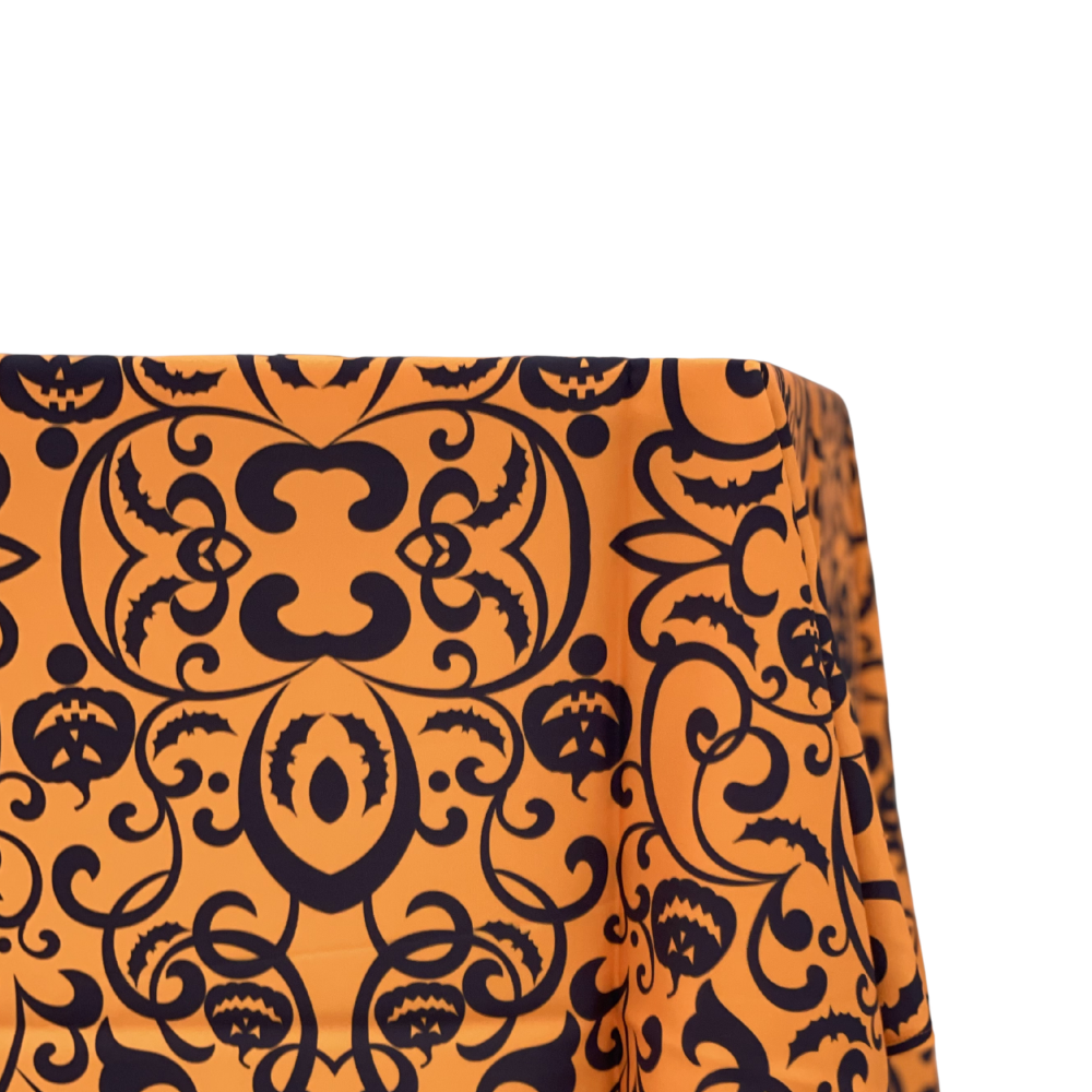 Gothic Pumpkin Polyester Halloween Tablecloth featuring bats and pumpkin motifs, ideal for enhancing your Halloween-themed party setting.