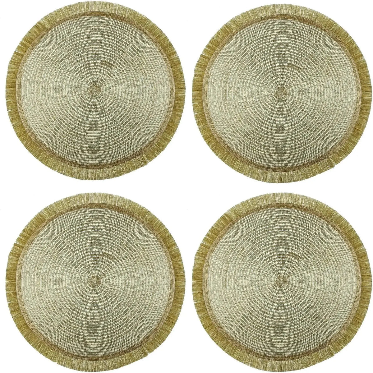 Round Glitz Placemat, 38cm: Set of four woven natural-fiber placemats with fringe, enhancing any table setup with their simple, stylish design.